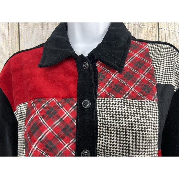 Vintage Women Patchwork Shirt Jacket Shacket Red Black Velvet‎ Plaid Mixed Print - Picture 3 of 8